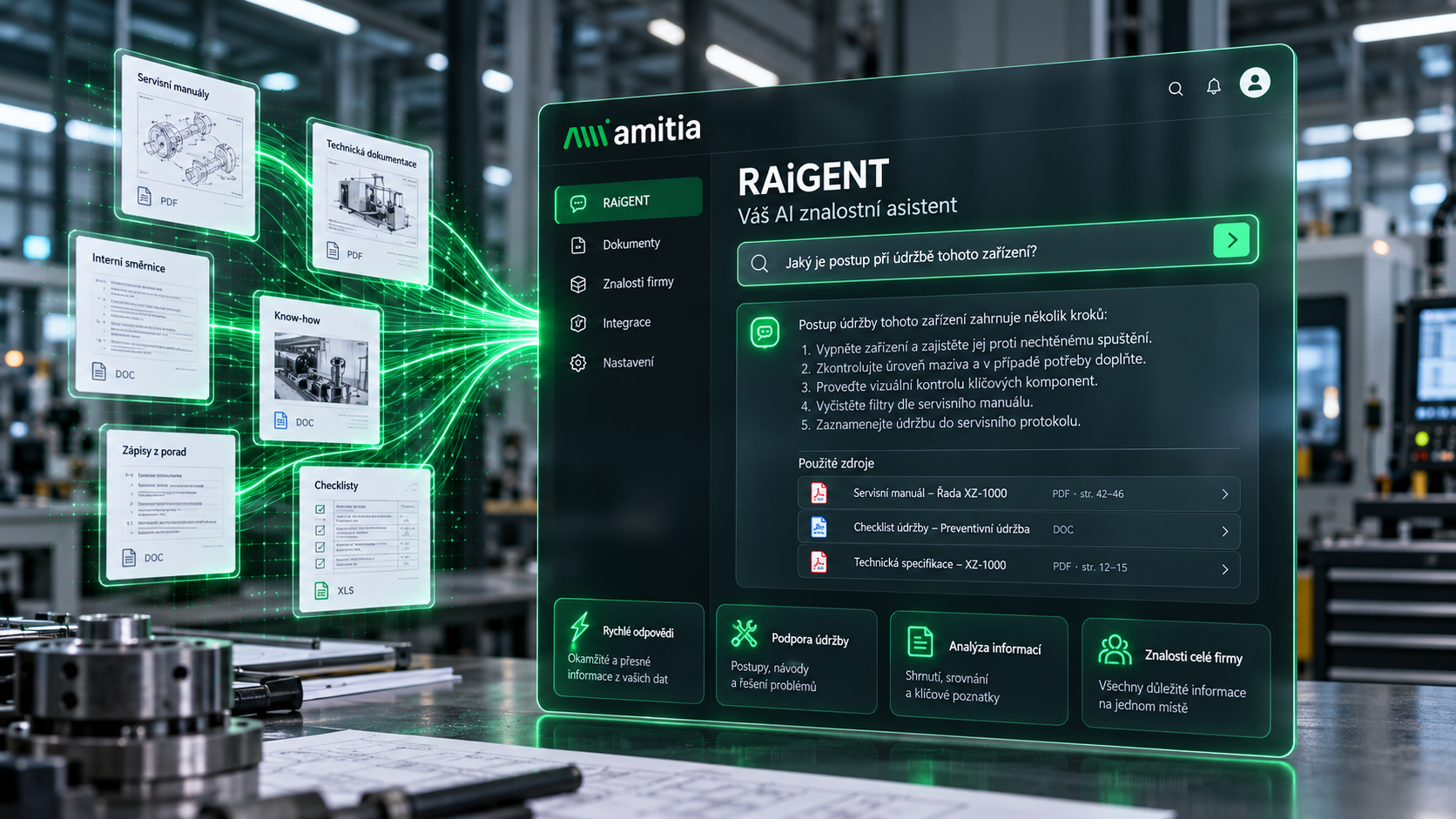 Tmavé rozhraní RAiGENT propojuje technické dokumenty se zelenými digitálními prvky ve výrobním provozu.